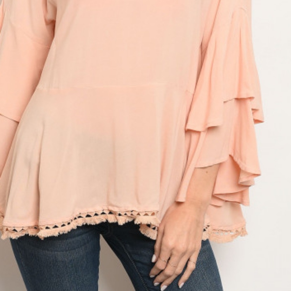 Very J Swing Ruffle Sleeve Top Fringe Trim Peach - Picture 2 of 4